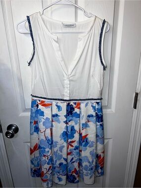 CARACTERE Italian Floral A-Line Dress White Blue Orange Trimmed Size US 6
